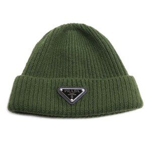 Prada Triangle Logo Knit Cap Green S Black Re-Nylon gabardine and wool cap | PRADA - United States main image 4